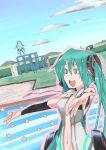  aqua_eyes aqua_hair bad_id foreshortening hands hatsune_miku hatsune_miku_(append) highres miku_append muck_(artist) navel necktie playground smile twintails vocaloid vocaloid_append 