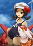  bad_id black_hair brown_eyes cabbie_hat casual_one-piece_swimsuit hat hat_ribbon kotone_(pokemon) latias littlered multiple_girls one-piece_swimsuit pokemon pokemon_(game) pokemon_gsc red_ribbon ribbon short_hair swimsuit twintails 