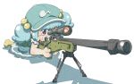  1girl ai_arctic_warfare aiming azito7 bipod blue_eyes blue_hair bolt_action chibi gun hair_bobbles hair_ornament hat kawashiro_nitori pigtails rifle sniper_rifle solo touhou twintails weapon 