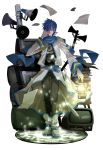  blue_eyes blue_hair boots fugaku_noko gears hair_over_one_eye highres kaito lamp male megaphone musical_note scarf solo television vocaloid 