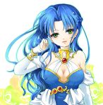  1girl arm_warmers blue_hair breasts choker cleavage gem green_eyes half_updo long_hair puyopuyo rulue shimauma_(zebra_vz) smile solo 