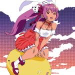  animal_ears anime_coloring bare_shoulders bunny_ears cloud cyt di_gi_charat flying gema knees mary_janes open_mouth pink_hair rabbit_ears red_eyes riding shoes sitting socks twintails usada_hikaru 