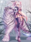 foocon hair_ornament navel original petals pink_hair scythe solo thigh-highs thighhighs tiger twintails weapon white_hair 