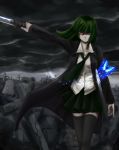  black_thighhighs butterfly character_request cloud clouds coat cross dark grave green_hair highres long_sleeves necktie original outstretched_arm outstretched_hand red_eyes ruins short_hair shou_mai sky smirk solo sword thigh-highs thighhighs weapon zettai_ryouiki 