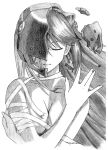  artist_request breasts cleavage closed_eyes derivative_work elfen_lied highres horns long_hair lucy miamai monochrome sketch smile solo traditional_media 