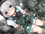  from_above green_eyes happy konpaku_youmu looking_up short_hair short_sleeves sitting smile solo soo touhou water wet wet_clothes 
