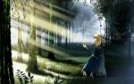  butterfly fate/stay_night fate_(series) forest from_behind green_eyes nature saber scenery shade skyt2 solo sunbeam sunlight tree wallpaper 