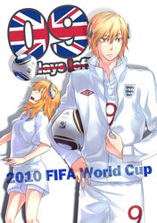  ball bliss_(artist) blonde_hair england highres horns jabulani jacket orange_eyes short_hair shorts soccer_ball sport union_jack united_kingdom world_cup 