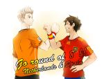  2010_fifa_world_cup axis_powers_hetalia blonde_hair brown_hair male netherlands_(hetalia) short_hair soccer spain_(hetalia) sports_uniform wristband 