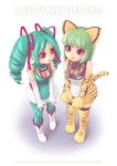  2girls animal_ears boots breasts cleavage drill_hair elbow_gloves gloves green_hair green_legwear green_pantyhose highres multiple_girls new_year open_mouth pantyhose red_eyes short_hair striped sugimoto_yoshiaki tail tendon thigh-highs thighhighs tiger_stripes 