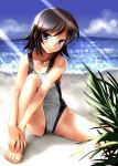  bare_shoulders beach black_hair blue_eyes blush competition_swimsuit feet hands hands_on_feet katahira_masashi leg_hug one-piece_swimsuit original short_hair smile solo swimsuit 