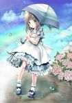  brown_hair cloud clouds flower frills frog green_eyes highres holding hydrangea legs lizrin maid mary_janes open_mouth original rainbow ripple ripples shoes sky socks solo standing umbrella water 