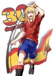  bliss_(artist) blonde_hair flag happy highres long_hair male shorts spain sport world_cup wristband 