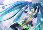  blue_hair bridal_gauntlets green_eyes hatsune_miku hatsune_miku_(append) highres long_hair miku_append navel necktie no_panties reki_(dezuko) smile thigh-highs thighhighs twintails very_long_hair vocaloid vocaloid_append 