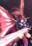  athrun1120 destiny_gundam energy_sword facial_mark gloves gundam gundam_seed gundam_seed_destiny long_hair mecha_musume red_hair redhead signature solo space sword thighhighs very_long_hair weapon 