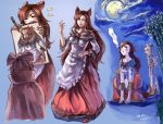  3girls :d animal_ears bamboo bamboo_forest bare_shoulders blush_stickers bow brooch brown_hair cape cigarette closed_eyes drawing dress fang fangs fingernails forest fujiwara_no_mokou full_moon hair_bow hair_ribbon highres howling imaizumi_kagerou jewelry lleu long_fingernails long_hair long_sleeves moon multiple_girls nature night night_sky nukekubi open_mouth pants red_eyes redhead ribbon sekibanki shaded_face short_hair silver_hair sky smile squatting suspenders tail touhou very_long_hair werewolf wide_sleeves wolf_ears wolf_tail 