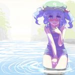  bare_shoulders blue_eyes blue_hair blush covering covering_crotch embarrassed hair_bobbles hair_ornament hat ishikkoro kawashiro_nitori one-piece_swimsuit school_swimsuit short_hair solo swimsuit touhou twintails wading water 