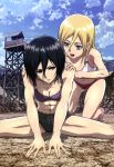  abs absurdres black_hair blonde_hair blue_eyes christa_renz highres midriff mikasa_ackerman nyantype scan shingeki_no_kyojin short_hair 