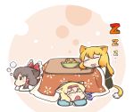  alice_margatroid animal_ears black_hair blonde_hair blush bowl brown_eyes cat_ears closed_eyes drooling hairband hakurei_reimu kemonomimi_mode kirisame_marisa kotatsu miko multiple_girls nura_(oaaaaaa) saliva sleeping table tail touhou yawning z 