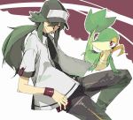  green_hair hat male n_(pokemon) pokemon pokemon_(game) pokemon_black_and_white pokemon_bw ponytail smirk snivy ta wristband 