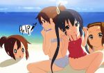  4girls alternate_hairstyle beach bikini black_hair blush_stickers brown_eyes brown_hair buried casual_one-piece_swimsuit frilled_swimsuit frills hairband halterneck hirasawa_ui hirasawa_yui k-on! multiple_girls nakano_azusa o_o ocean one-piece_swimsuit ponytail side_ponytail sweat swimsuit tainaka_ritsu twintails yunotimo 