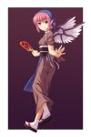  1girl animal_ears apron athrun1120 bird_wings brown_dress dress ear_piercing fan female geta hat japanese_clothes jewelry looking_at_viewer mystia_lorelei obi piercing pink_eyes pink_hair sandals sash short_hair short_sleeves single_earring smile solo touhou waist_apron 