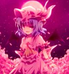  fang flower full_moon hat highres lavender_hair moon naigashiro petals red_eyes red_moon remilia_scarlet ria_(artist) rose short_hair smile solo touhou wings wrist_cuffs 