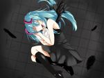  aqua_hair bare_shoulders black_dress black_wings boots closed_eyes dress feathers hair_ornament hatsuko hatsune_miku knee_boots long_hair lying on_side short_dress sleeping solo twintails vocaloid wings 