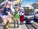  black_thighhighs contemporary fujiwara_no_mokou highres konpaku_youmu outstretched_hand reisen_udongein_inaba sukiyo thigh-highs thighhighs touhou train train_station wallpaper 