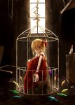  1girl birdcage blonde_hair bow box cage chain chained darkness flandre_scarlet hair_bow hair_over_one_eye mashayuki off_shoulder red_eyes shackle shirt side_ponytail sitting_on_object skirt skirt_set sleeveless sleeveless_shirt solo strap_slip touhou window wings 