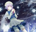  dutch_angle from_below garigarigari gradient_eyes hat highres lavender_hair letty_whiterock long_sleeves multicolored_eyes short_hair snowflakes solo steepled_fingers touhou tree turtleneck winter 