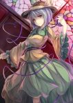  1girl eyeball fal_maro green_eyes hat hat_ribbon heart highres komeiji_koishi ribbon short_hair silver_hair skirt smile solo stained_glass third_eye touhou 