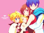  blonde_hair blue_eyes blue_hair blush brown_hair family hair_ornament hair_ribbon hairclip hug kagamine_len kagamine_rin kaito meiko necktie red_eyes ribbon scarf short_hair smile sunny_spot tsuyuka_(sunny_spot) vocaloid 