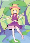  anklet barefoot blonde_hair eyes feet hat ideolo jewelry leaf_umbrella moriya_suwako no_nose no_panties open_mouth outstretched_arm short_hair smile solo touhou 