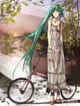 aqua_hair bicycle blue_eyes bracelet danann dress folding_bicycle hatsune_miku high_heels highres jewelry long_hair sandals see-through shoes solo tree twintails very_long_hair vocaloid wind 