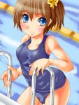  brown_hair iwato iwato_(celler) one-piece_swimsuit original pool poolside school_swimsuit short_hair side_ponytail solo swimsuit 