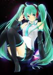  absurdres arm_support book detached_sleeves green_eyes green_hair hand_on_headphones hatsune_miku headphones highres long_hair necktie panties pantyshot sitting skirt smile solo thigh-highs thighhighs twintails underwear very_long_hair ville vocaloid white_panties 