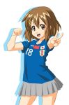  brown_eyes brown_hair fukuoka_katsumi hirasawa_yui japan k-on! short_hair skirt soccer_uniform solo v world_cup 