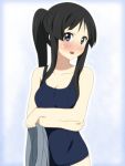  alternate_hairstyle black_hair blue_eyes blush breasts embarrassed face ikari_manatsu k-on! long_hair one-piece_swimsuit open_mouth ponytail school_swimsuit skirt smile solo sweat swimsuit 