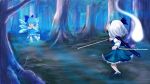  aichi_genjin back battle blue chibi cirno floating forest ghost katana konpaku_youmu multiple_girls nature short_hair sword touhou tree weapon 