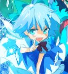  1girl blue_eyes blue_hair cirno fang matyinging open_mouth ribbon short_hair solo sparkle touhou 