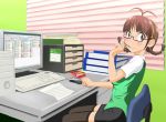  akizuki_ritsuko antenna_hair araragi_yuuichi black_thighhighs braid brown_eyes brown_hair computer glasses headset idolmaster miniskirt pocky sitting skirt solo thigh-highs twin_braids vest zettai_ryouiki 