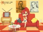  apple bad_id barefoot boyshorts brown_eyes chibi couch eating food formalin fruit hair_ornament hairpin holding holding_fruit midriff navel orange_hair pieces_of_sweet_stars pillow rossiu star stuffed_animal stuffed_toy tank_top television tengen_toppa_gurren_lagann yoko_littner 