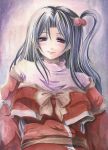  colored_pencil_(medium) hair_bobbles hair_ornament lips long_hair looking_at_viewer mixed_media red_eyes shinki side_ponytail silver_hair smile solo sugai touhou traditional_media watercolor_(medium) 