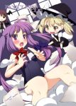  3girls akino_sora alternate_hairstyle blonde_hair bow chibi cover cover_page hair_bow hat head_wings kirisame_marisa koakuma long_hair open_mouth patchouli_knowledge purple_hair quad_tails school_swimsuit swimsuit touhou violet_eyes witch_hat yellow_eyes 