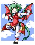  1girl china_dress chinese_clothes clenched_hand draco_centauros dragon_tail dragon_wings elbow_gloves gloves green_hair horns kugelschreiber pants pointy_ears puyopuyo shoes short_hair solo standing_on_one_leg tail white_gloves wings yellow_eyes 