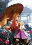  animal_ears blush brown_hair camellia_(flower) floral_print flower fox fox_ears fox_tail geta hair_ornament hairclip hairpin hakama haori highres japanese_clothes kimono long_hair obi open_mouth oriental_umbrella original red_eyes shide shiden shimenawa shrine sitting snow solo tabi tail tengu-geta tree umbrella winter 