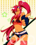  ;p belt bikini_top foreshortening gloves gun long_hair pink_thighhighs ponytail red_hair redhead rifle rikko scarf shorts sniper_rifle solo star studded_bracelet tengen_toppa_gurren_lagann thigh-highs thighhighs tongue weapon wink yellow_eyes yoko_littner 