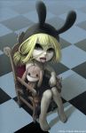  bad_id barefoot blonde_hair chair checkered checkered_floor creepy dress face feet hat highres nikerabi open_mouth pale_skin sitting stuffed_doll stuffed_toy tongue 