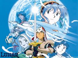  alex_noah bandana blue_hair dragon headband jessica_de_alkirk kyle_(lunar) luna_noah lunar markings mia_ausa nall nash_rumack official_art sword weapon 